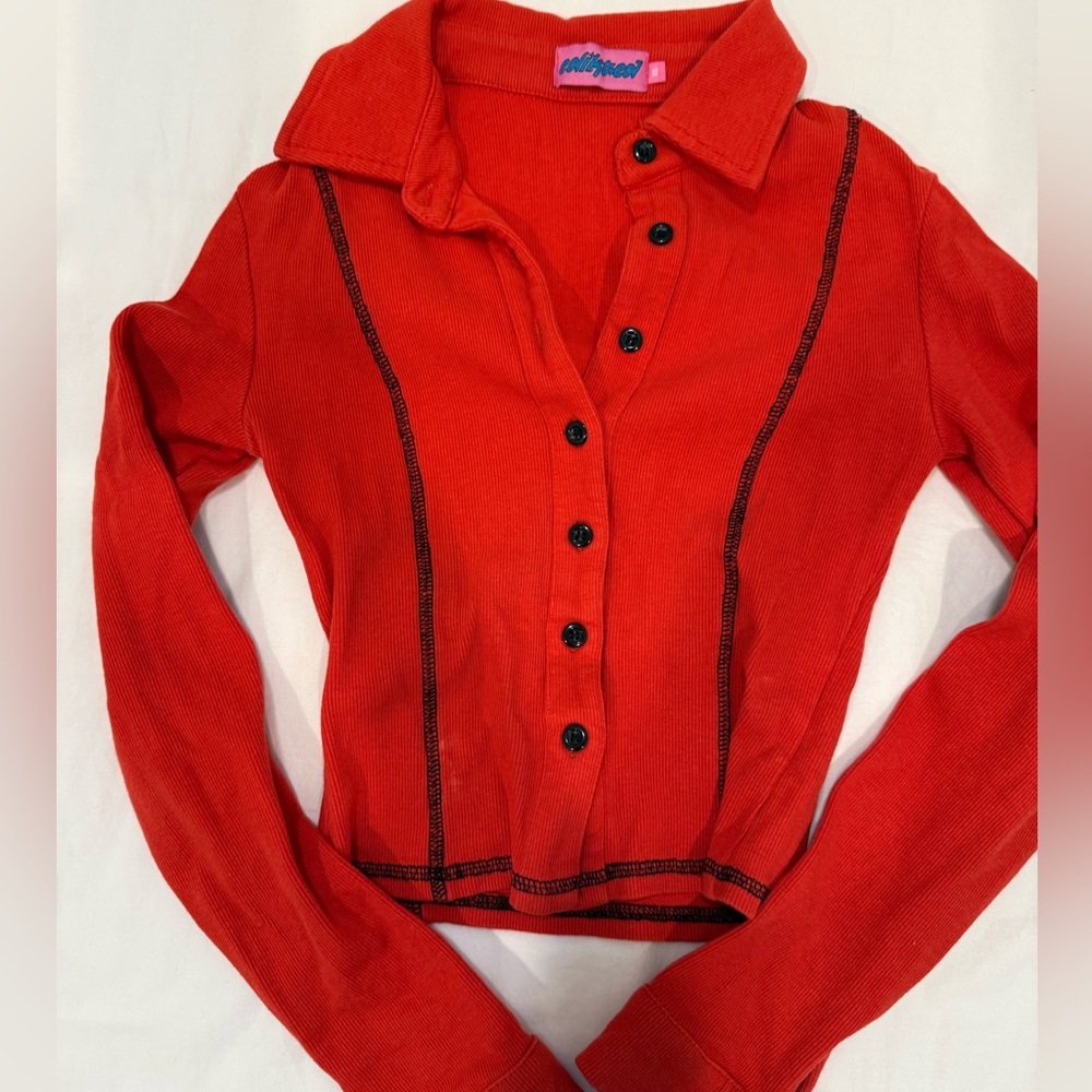 Edikted Red Button-Down Shirt with Black Accents